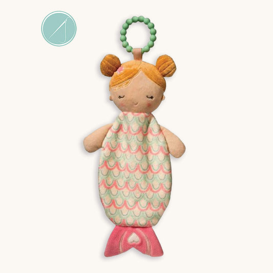 Mermaid baby teether soft toy with pastel green silicone teether ring, plush mermaid with green and pink scales, 10 inch