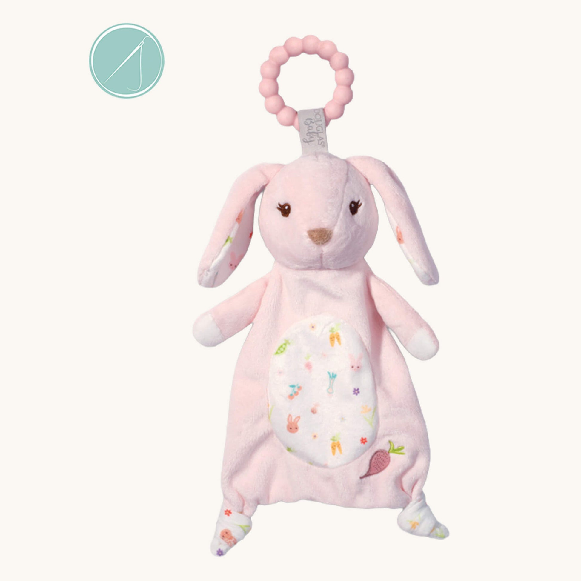 Parsnip pink bunny teether soft toy with 100% silicone teething ring, plush bunny with long ears and embroidered face, 10 inch, machine washable