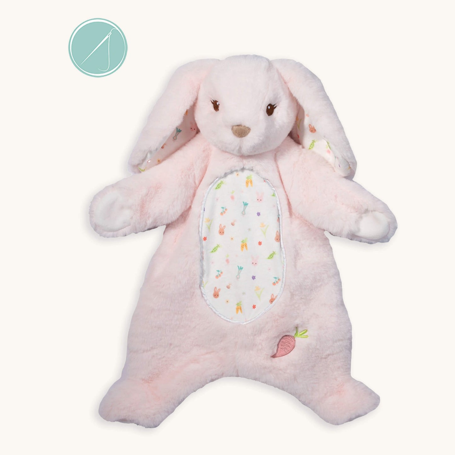 Parsnip pink bunny sshlumpie security lovey 18 inch long with embroidered face, green and pink tail, and rabbits carrots and stars print, machine washable, birth+