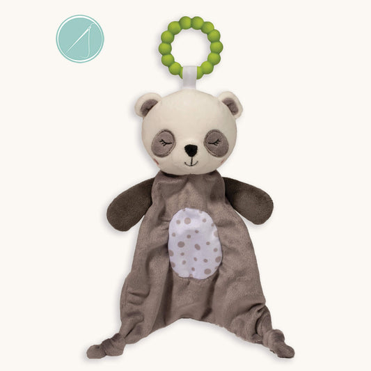 Peyton panda teether soft toy with 100% silicone teething ring, plush black and white panda with embroidered details, machine washable, newborn+