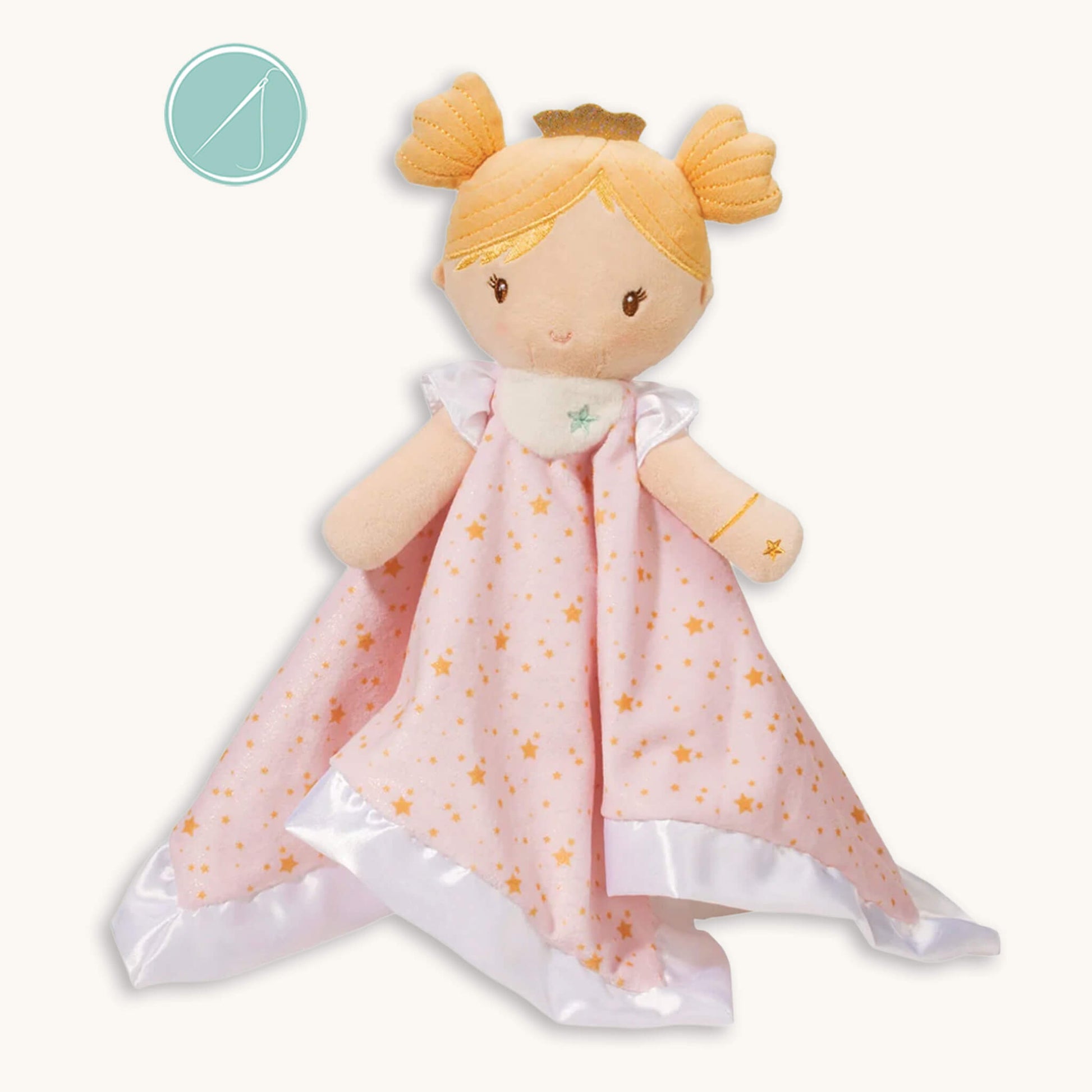 Princess Noa snuggler lovey 13 inch square with satin trim, pastel plush princess with embroidered face and star details, baby comfort toy