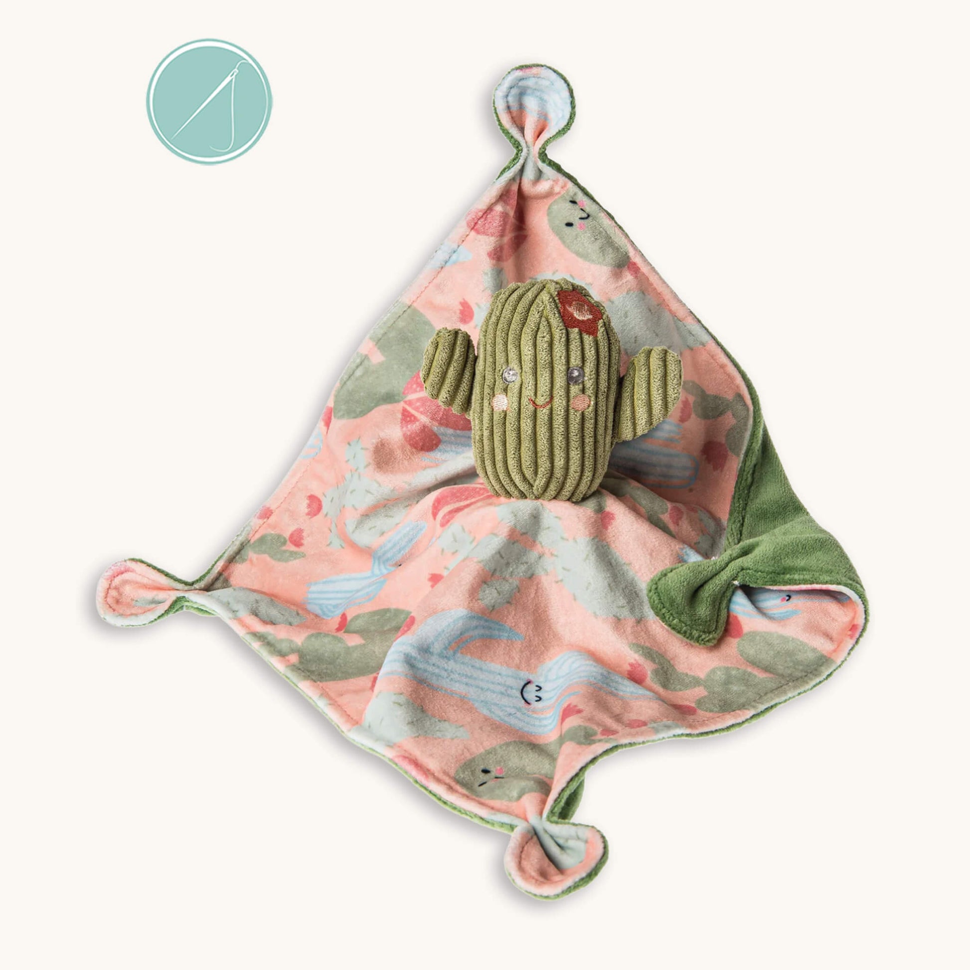 Sweet cactus oothie character lovey blanket 10x10 with plush character center, embroidered face, cinched corners and ribbed plush backing, machine washable