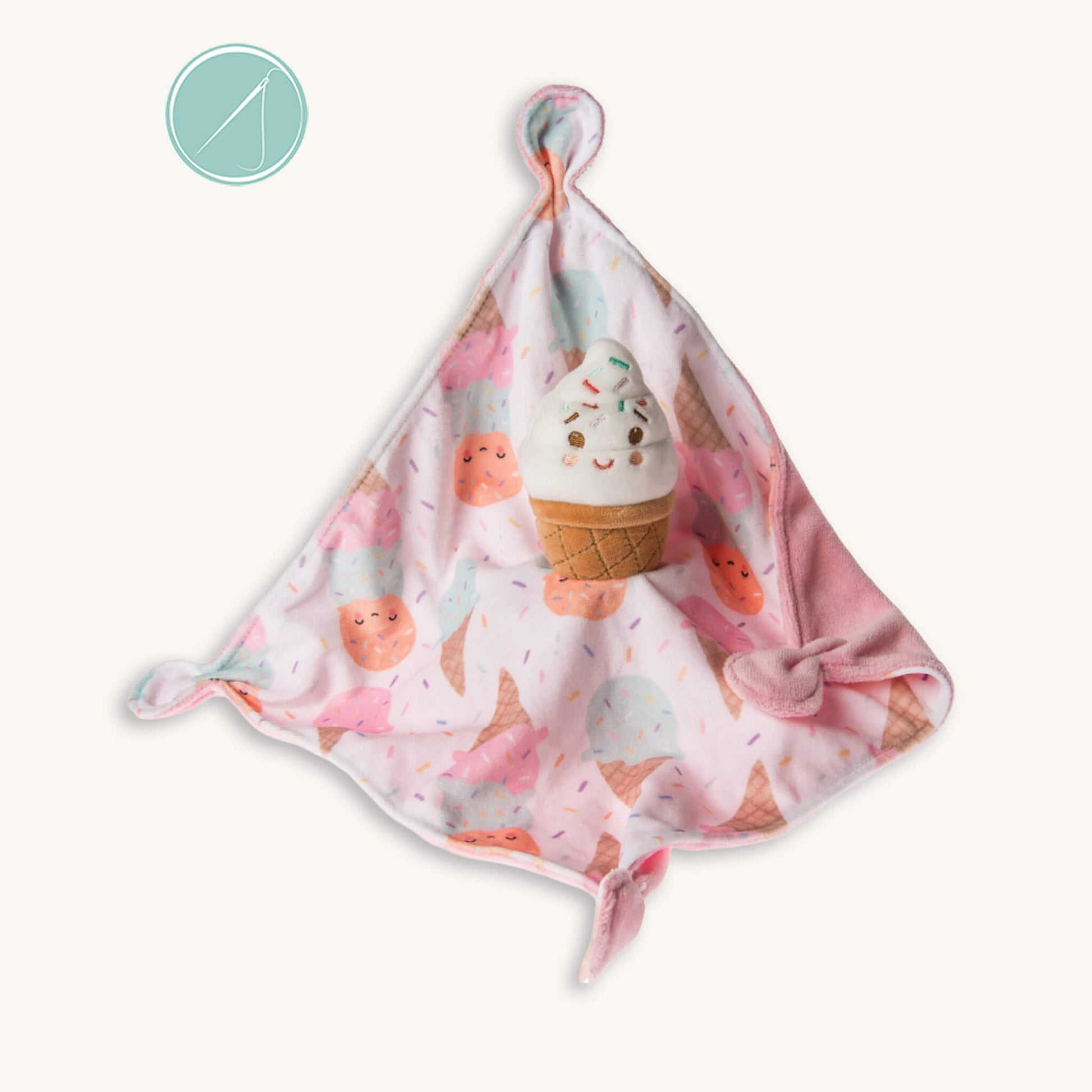 Sweet Soothies character lovey blanket 10x10 with plush character center, embroidered face, cinched corners and ribbed plush backing, machine washable