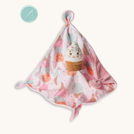 Sweet Soothies character lovey blanket 10x10 with plush character center, embroidered face, cinched corners and ribbed plush backing, machine washable