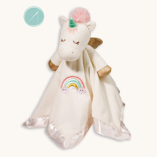 Douglas Emilie unicorn lil snuggler plush lovey 13 inch with satin border and pink stars, gold shimmer wings and hooves, embroidered rainbow tummy, teal horn and pink mane