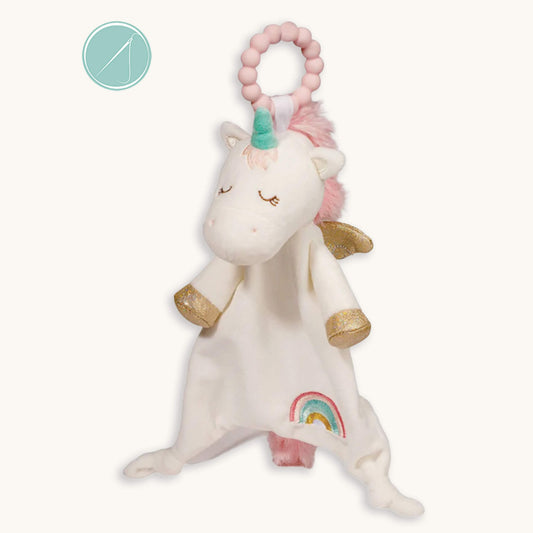 Unicorn teether soft toy with 100% silicone teething ring, plush unicorn with embroidered details, machine washable, newborn+