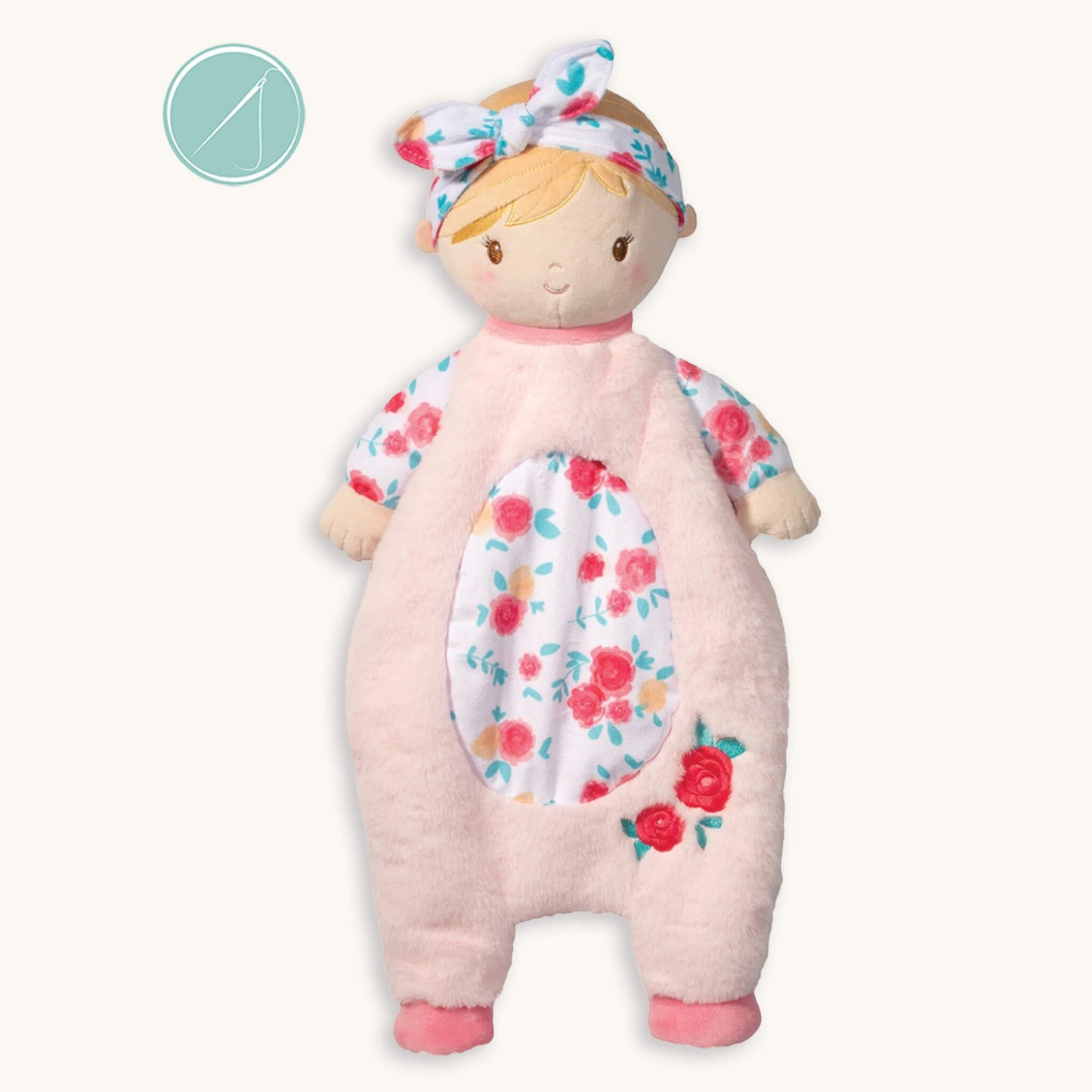 Vera floral doll sshlumpie lovey 19 inch long plush blankie in pastel pink pajamas with floral print belly and sleeves, matching headband and embroidered face, machine washable