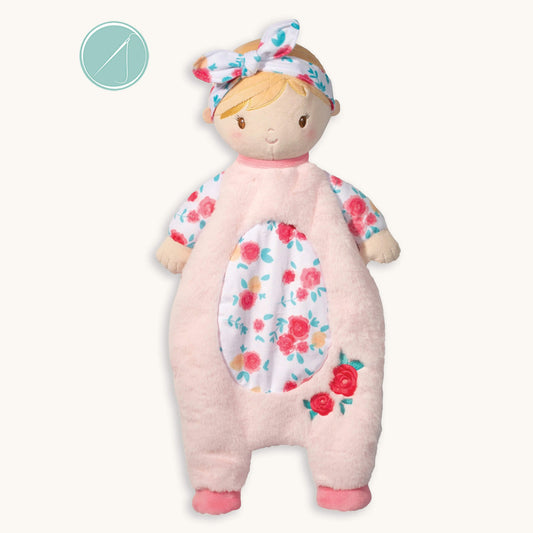 Vera floral doll sshlumpie lovey 19 inch long plush blankie in pastel pink pajamas with floral print belly and sleeves, matching headband and embroidered face, machine washable