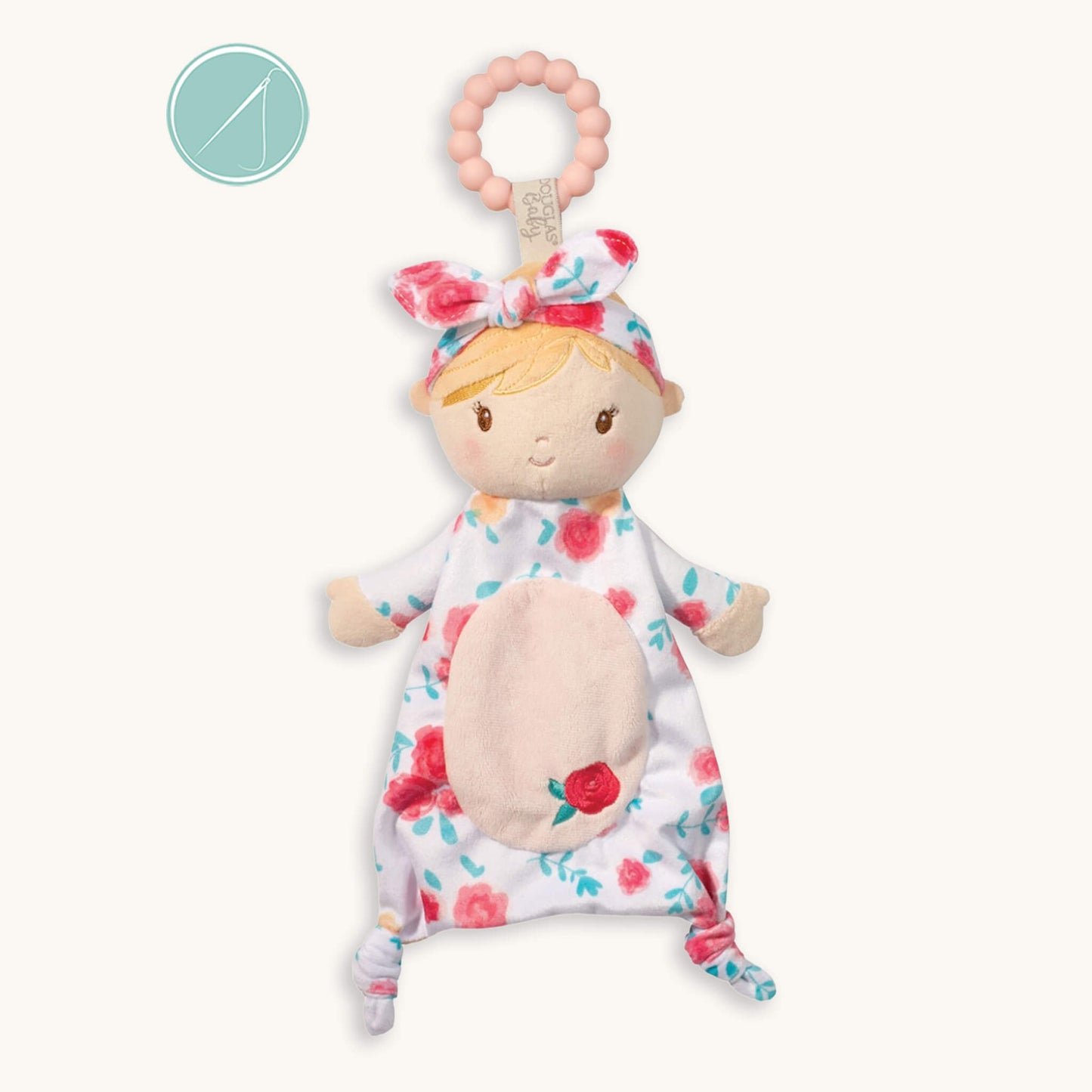 Vera Floral Doll teether plush toy wearing rose print pajamas and headband with pink silicone teething ring, newborn+