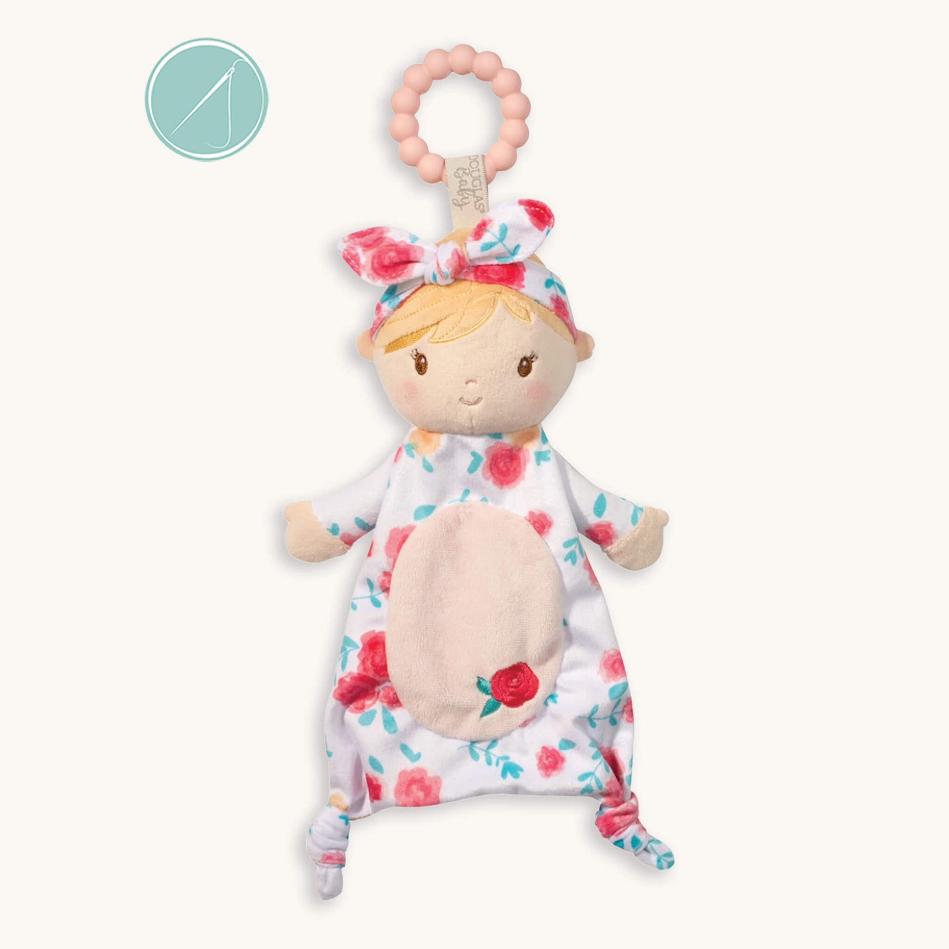 Vera Floral Doll teether plush toy wearing rose print pajamas and headband with pink silicone teething ring, newborn+