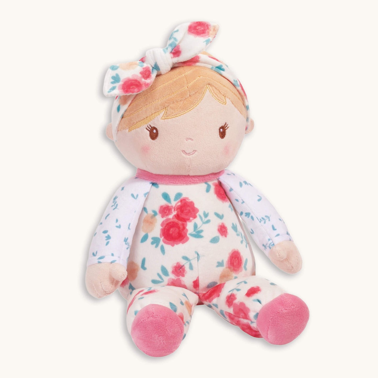 Vera Rose floral plush doll 13 inch overall with embroidered smile, rosy cheeks, floral print pajamas and matching headband, machine washable, birth+