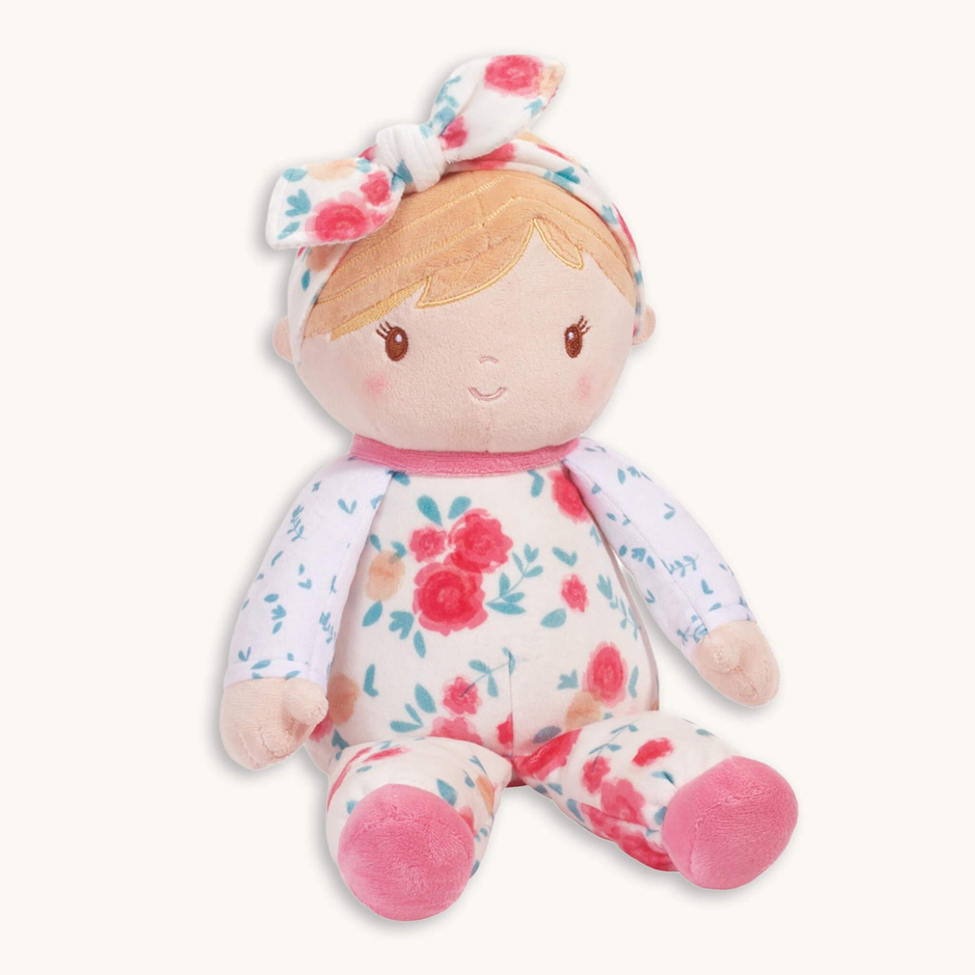 Vera Rose floral plush doll 13 inch overall with embroidered smile, rosy cheeks, floral print pajamas and matching headband, machine washable, birth+